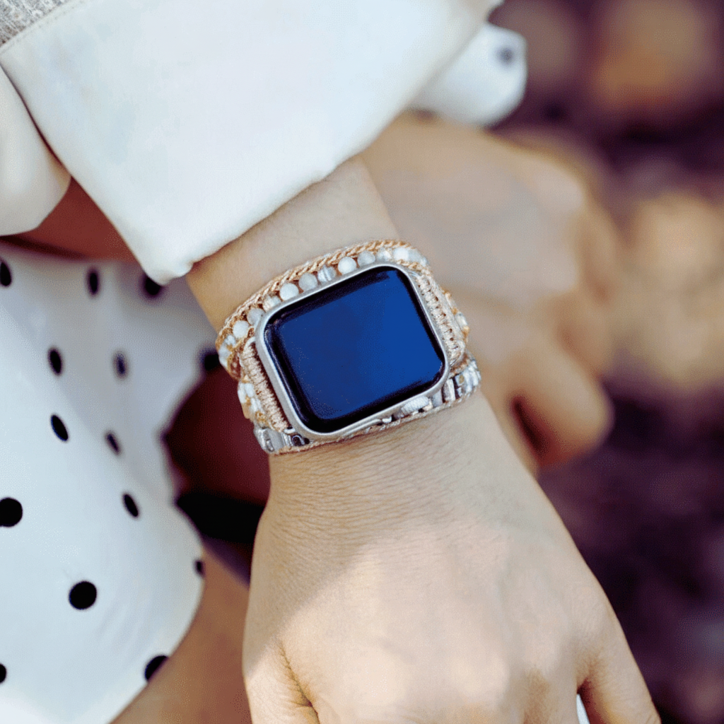 3 Wraps Apple Watch Bracelet Perles de coquillage, Cristal & Cordon vegan