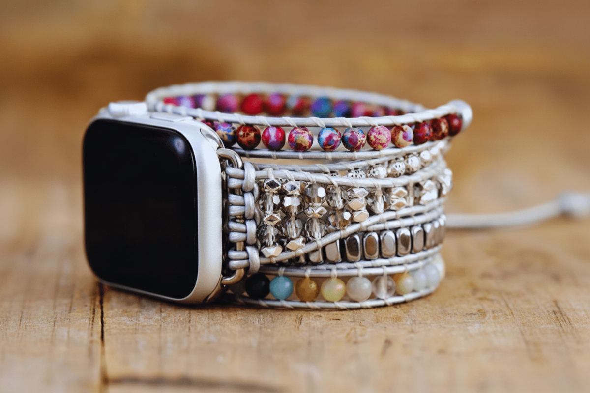 5 Wraps Apple Watch Bracelet Jaspe, Amazonite, Cristal & Cuir Gris