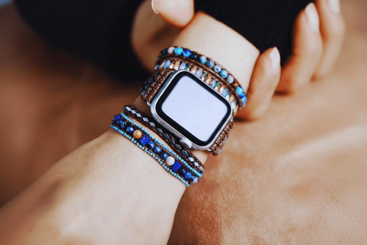 5 Wraps Apple Watch Bracelet Jaspe, Jade, Cristal de Labradorite & Cordon vegan
