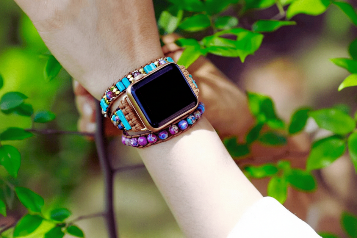 3 Wraps Apple Watch Bracelet Jaspe, Turquoise, Cristal & Cordon vegan