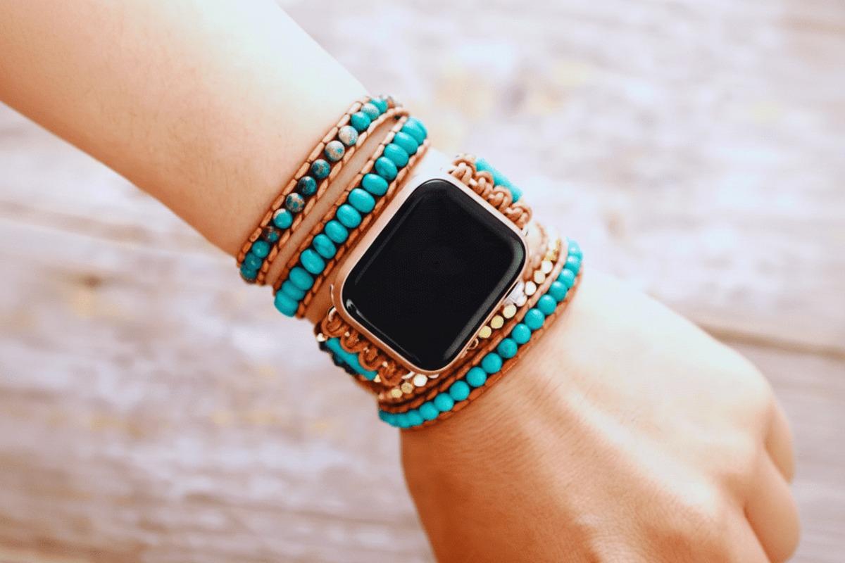 5 Wraps Apple Watch Bracelet Turquoise, jaspe, cristal & Cordon Cuir