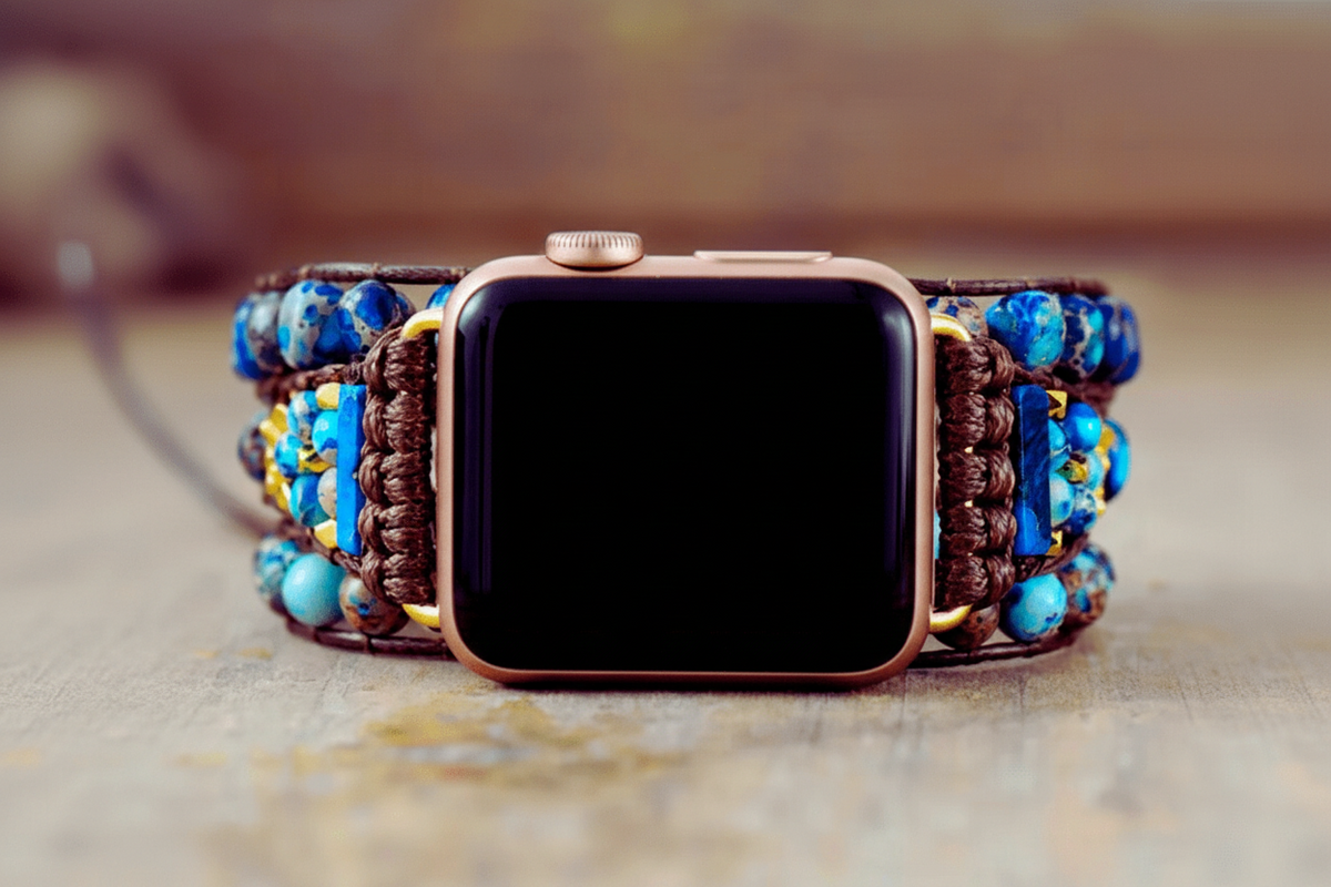 3 Wraps Apple Watch Bracelet Jaspe Bleu & Cordon vegan