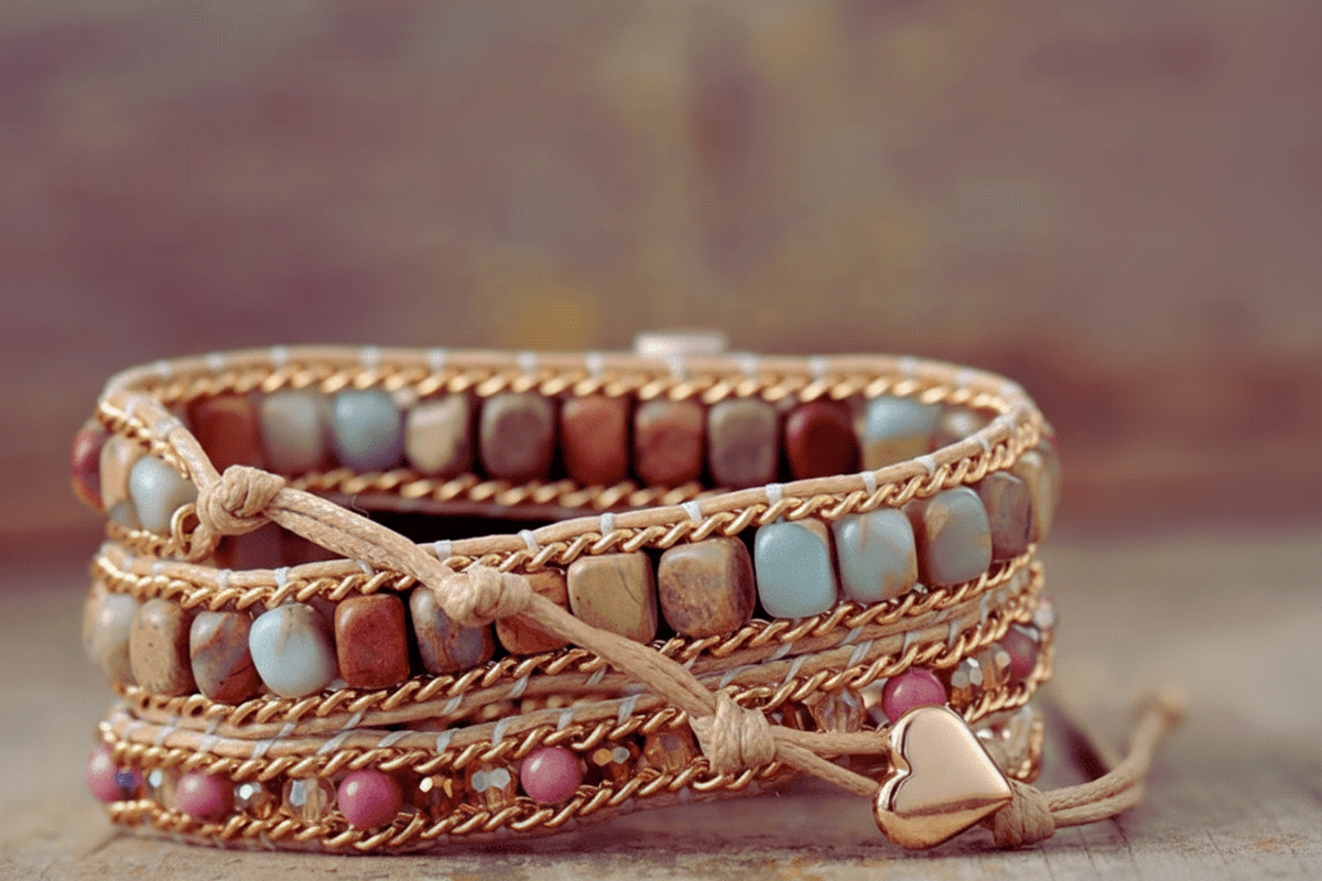 3 Wraps Apple Watch Bracelet Jaspe, Rhodonite & Cordon vegan