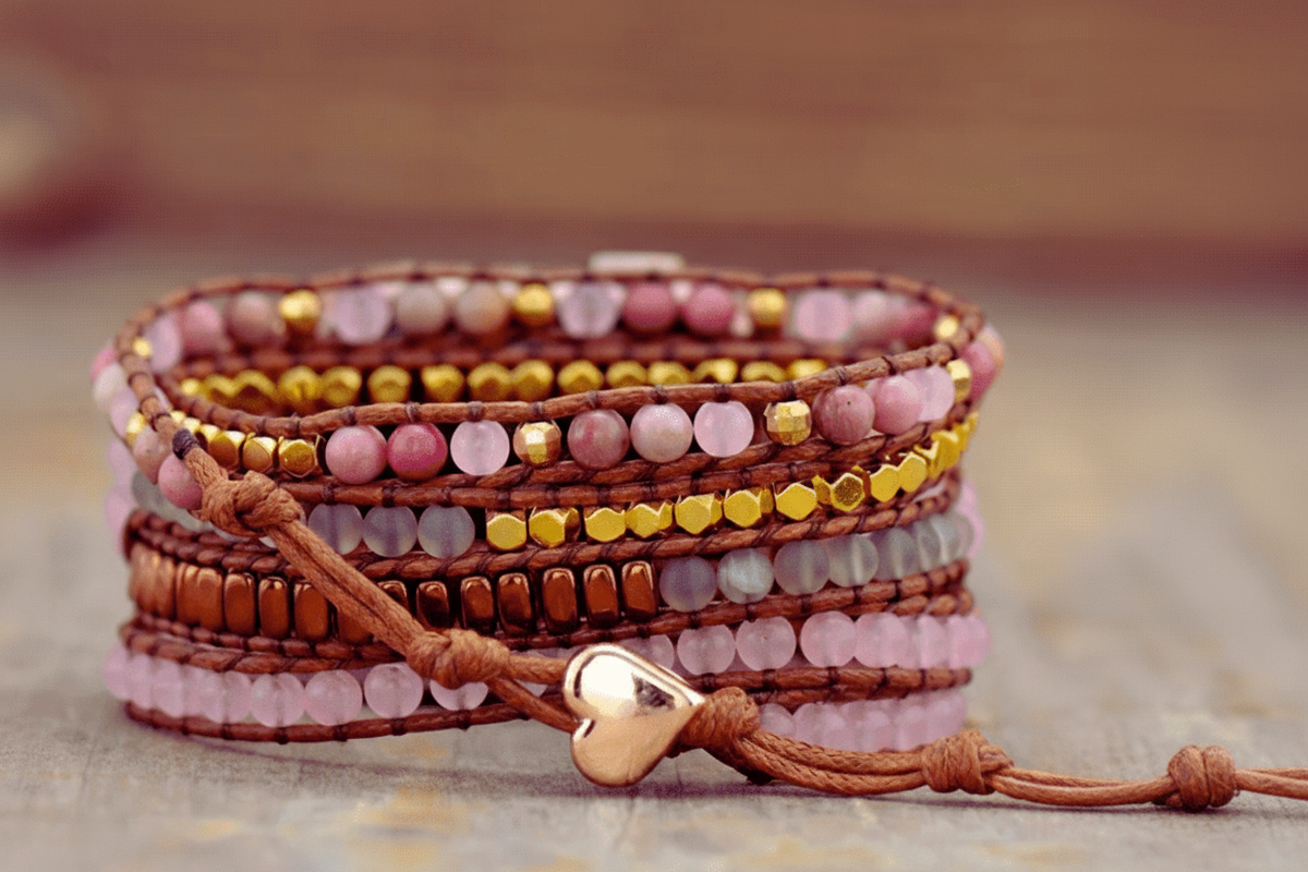 3 Wraps Apple Watch Bracelet Rhodonite, Quartz Rose & Cordon vegan