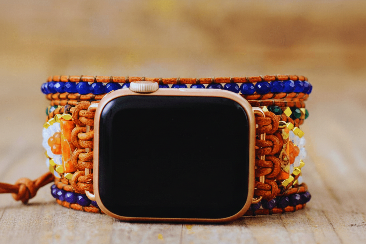 5 Wraps Apple Watch Bracelet Jade, Jaspe & Cordon Cuir