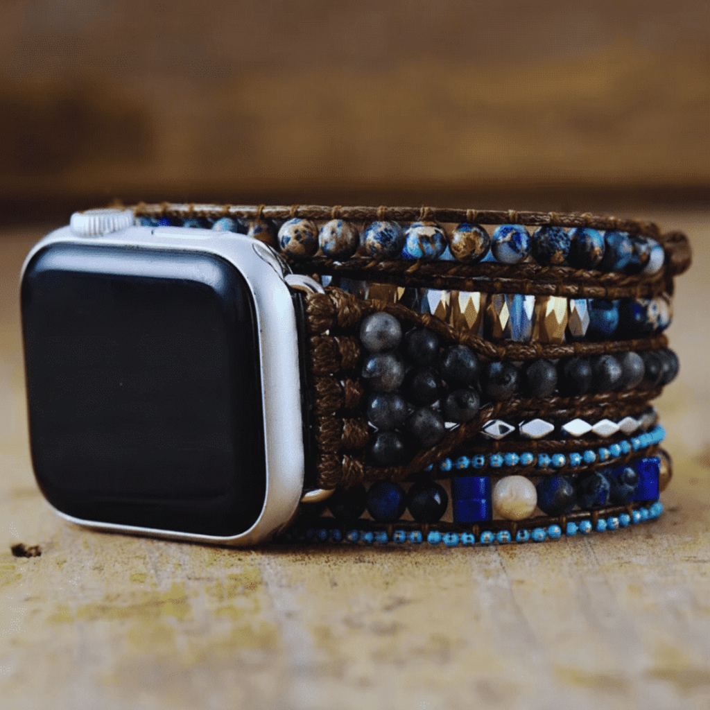 5 Wraps Apple Watch Bracelet Jaspe, Jade, Cristal de Labradorite & Cordon vegan