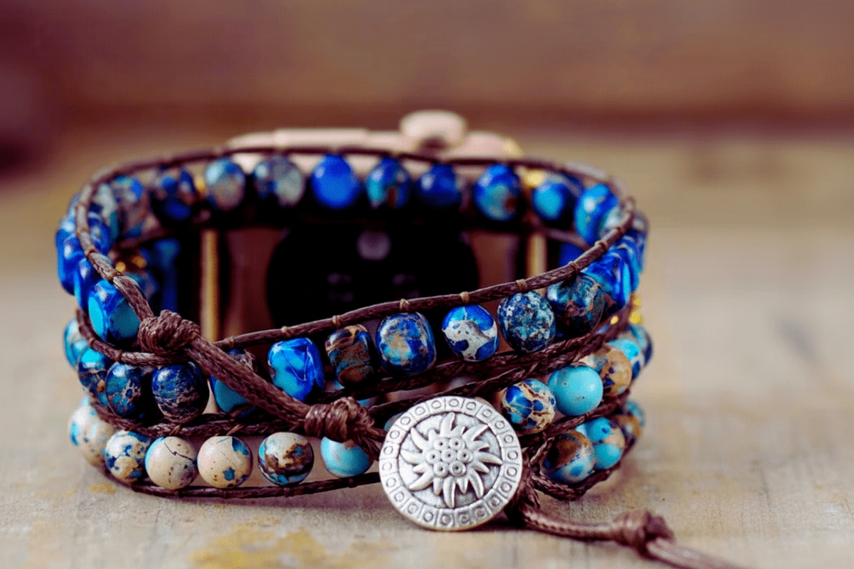 3 Wraps Apple Watch Bracelet Jaspe Bleu & Cordon vegan