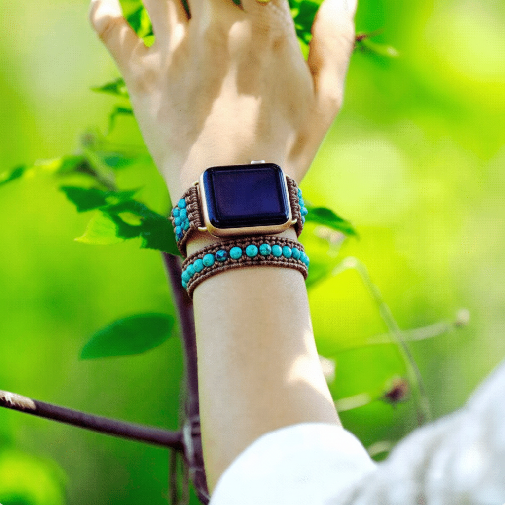 3 Wraps Apple Watch Bracelet Jaspe Bleu & Cordon vegan