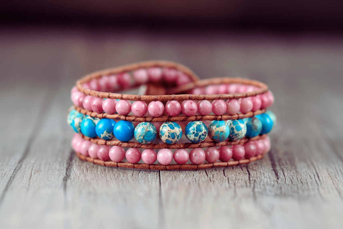 Bracelet Manchette Cuir jaspe Bleu et Rose ou jaspe Rose et Bleu