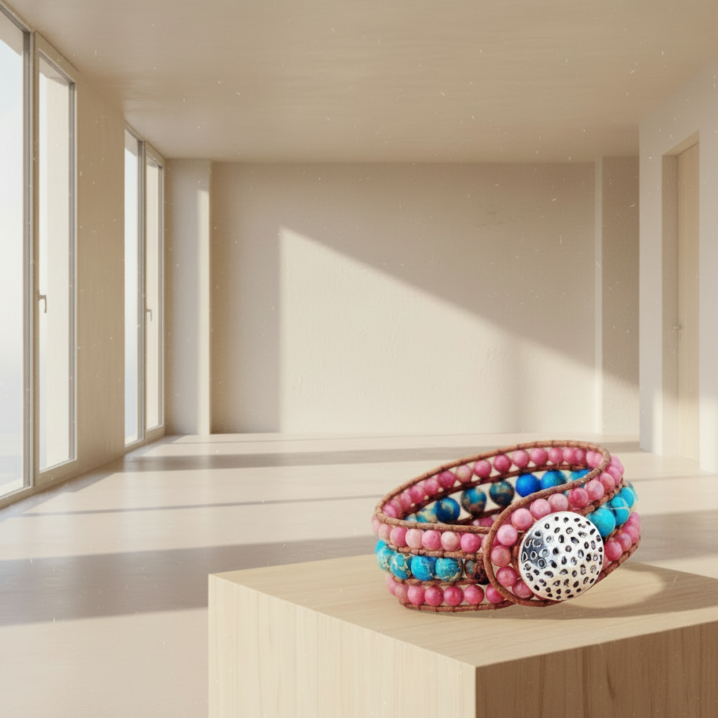Bracelet Manchette Cuir jaspe Bleu et Rose ou jaspe Rose et Bleu