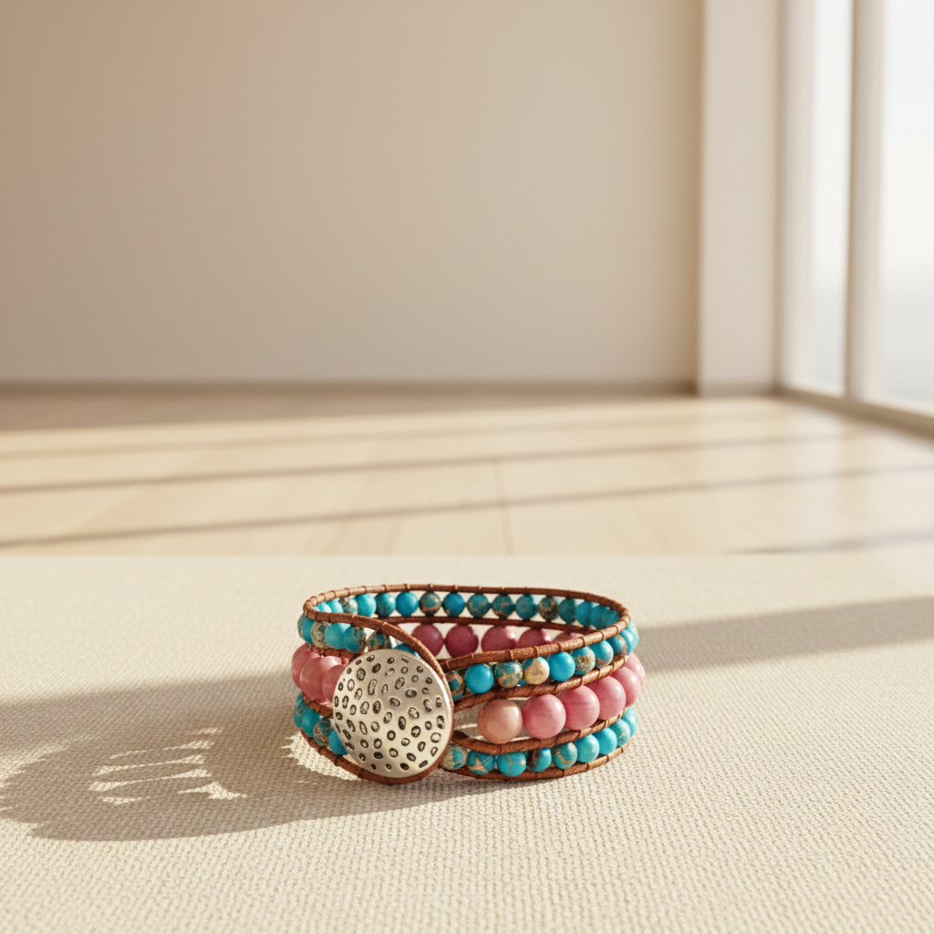 Bracelet Manchette Cuir jaspe Bleu et Rose ou jaspe Rose et Bleu
