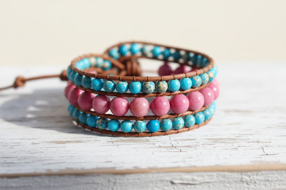 Bracelet Manchette Cuir jaspe Bleu et Rose ou jaspe Rose et Bleu