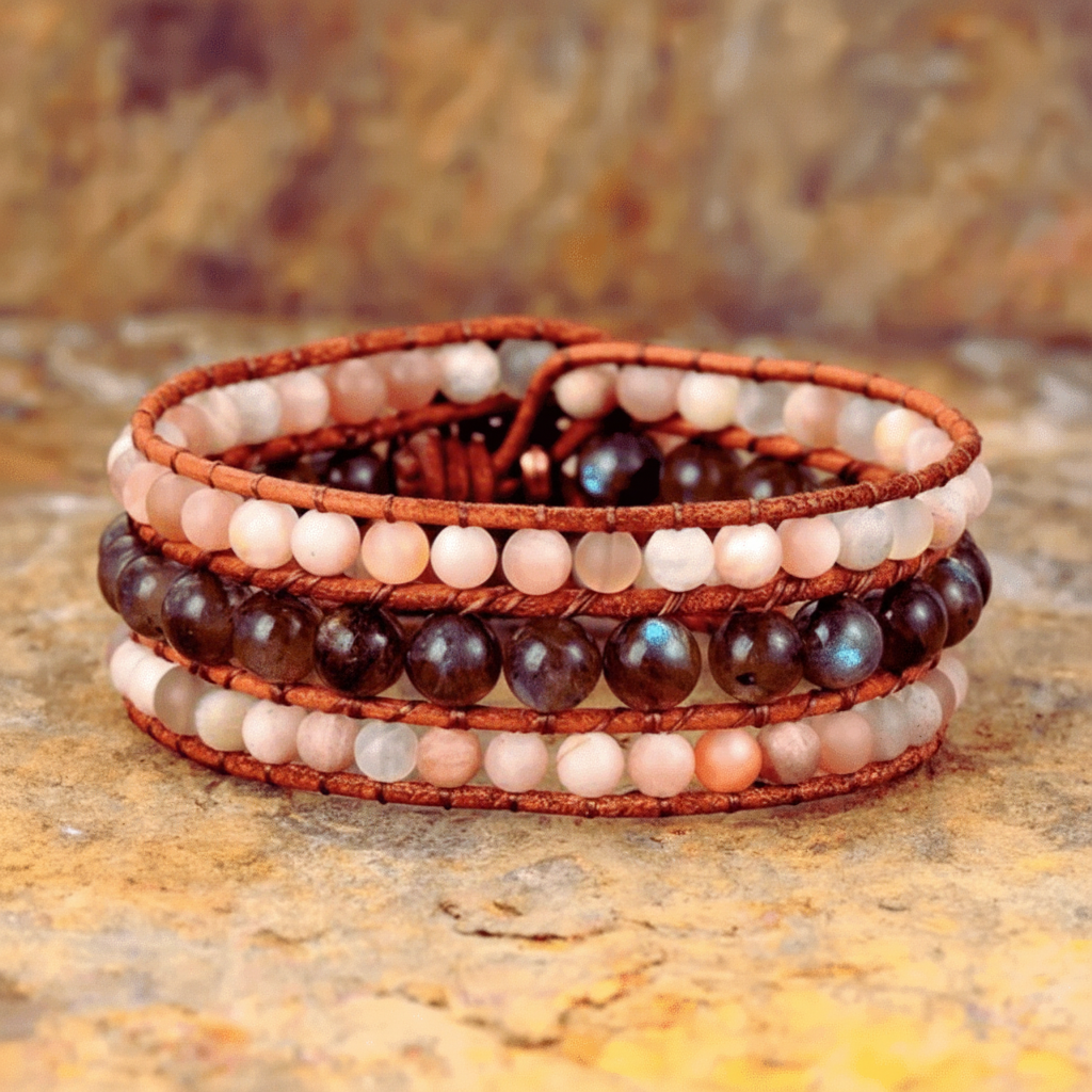 Bracelet Manchette Cuir Pierres de Soleil & Labradorite
