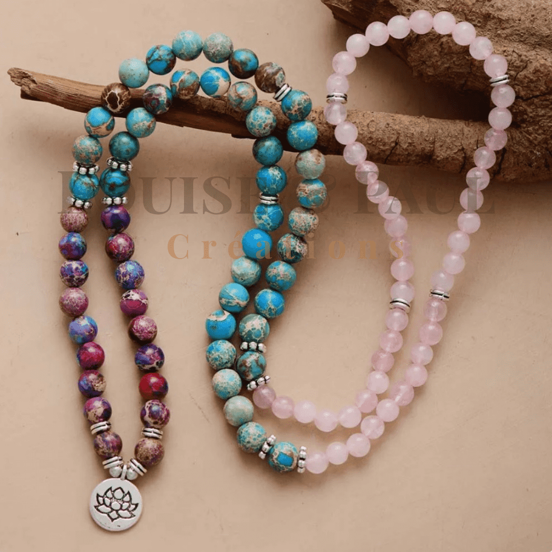Collier Mala en Jaspe, Quartz Rose & Breloque Lotus