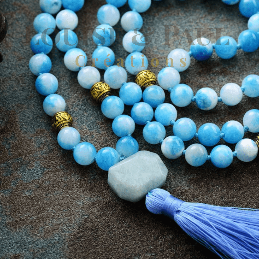Collier Mala pierres naturelles Jade Bleu