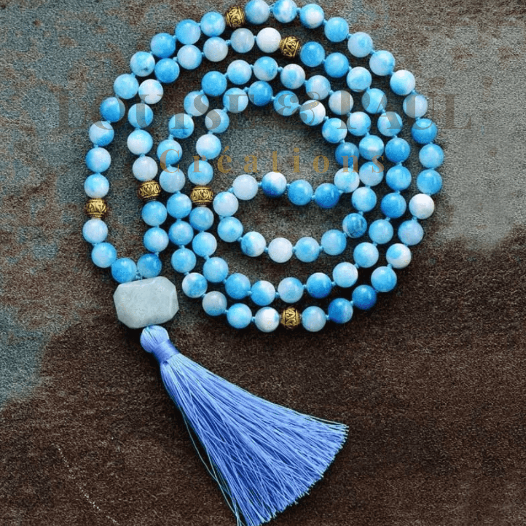 Collier Mala pierres naturelles Jade Bleu