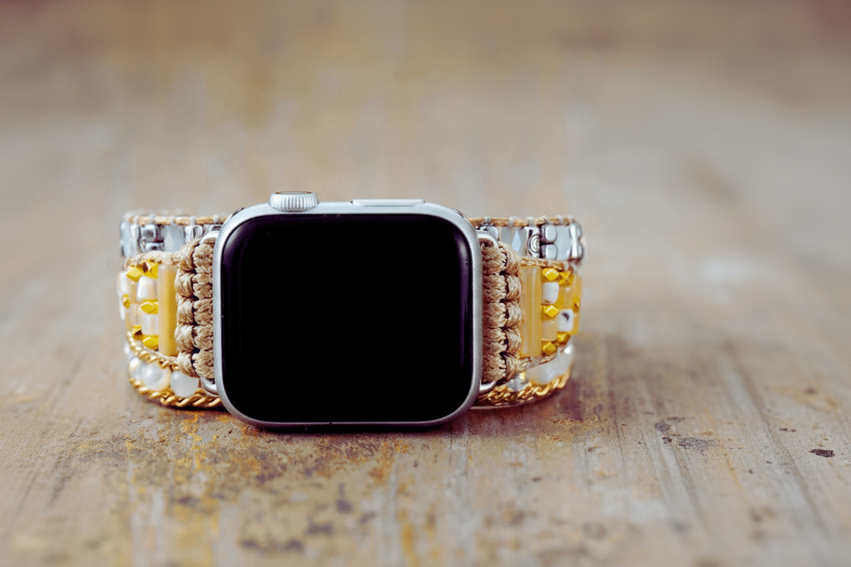 3 Wraps Apple Watch Bracelet Perles de coquillage, Cristal & Cordon vegan