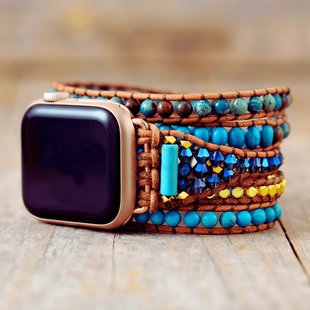 5 Wraps Apple Watch Bracelet Turquoise, jaspe, cristal & Cordon Cuir