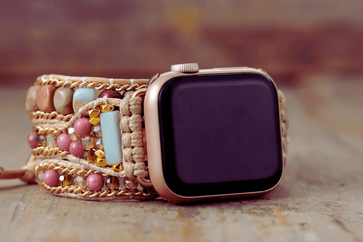 3 Wraps Apple Watch Bracelet Jaspe, Rhodonite & Cordon vegan