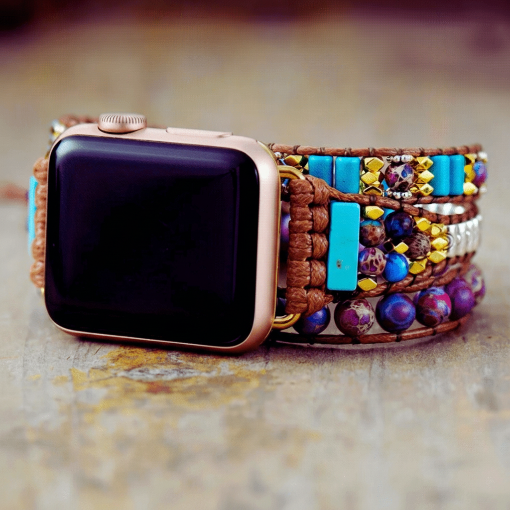 3 Wraps Apple Watch Bracelet Jaspe, Turquoise, Cristal & Cordon vegan