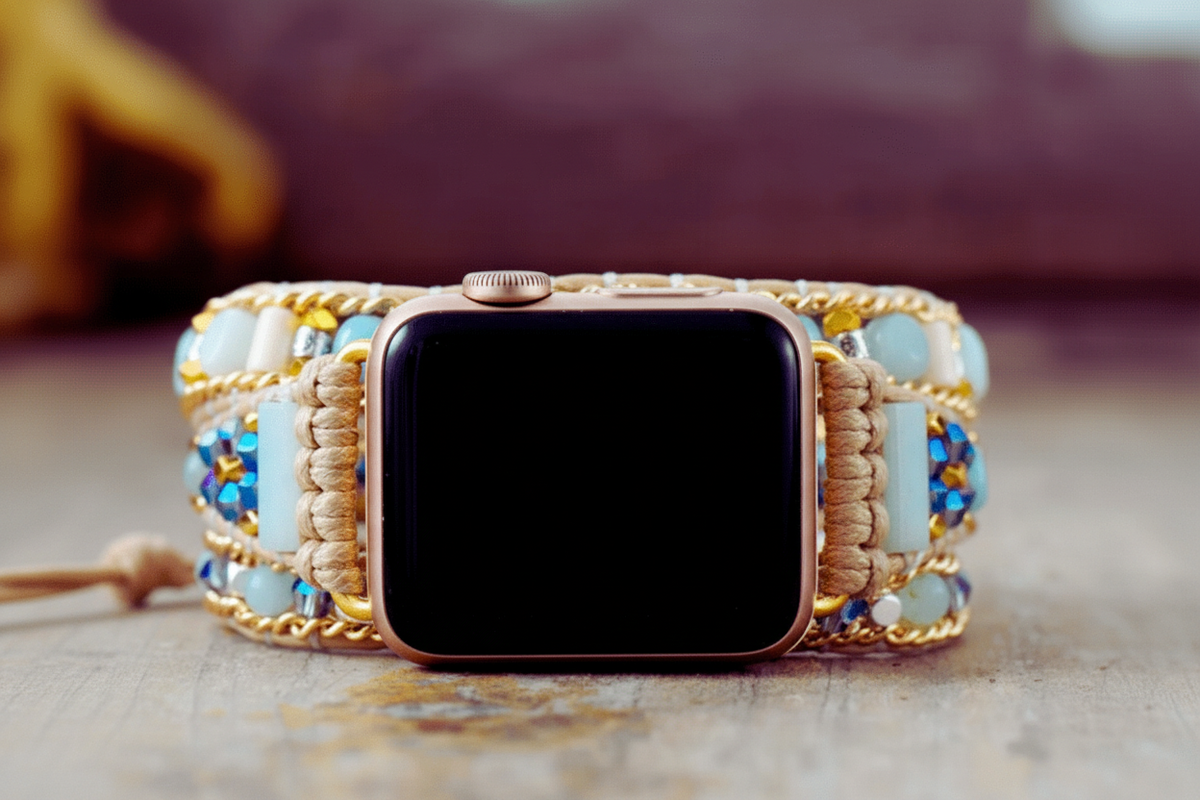 3 Wraps Apple Watch Bracelet Amazonite, cristal & Cordon vegan