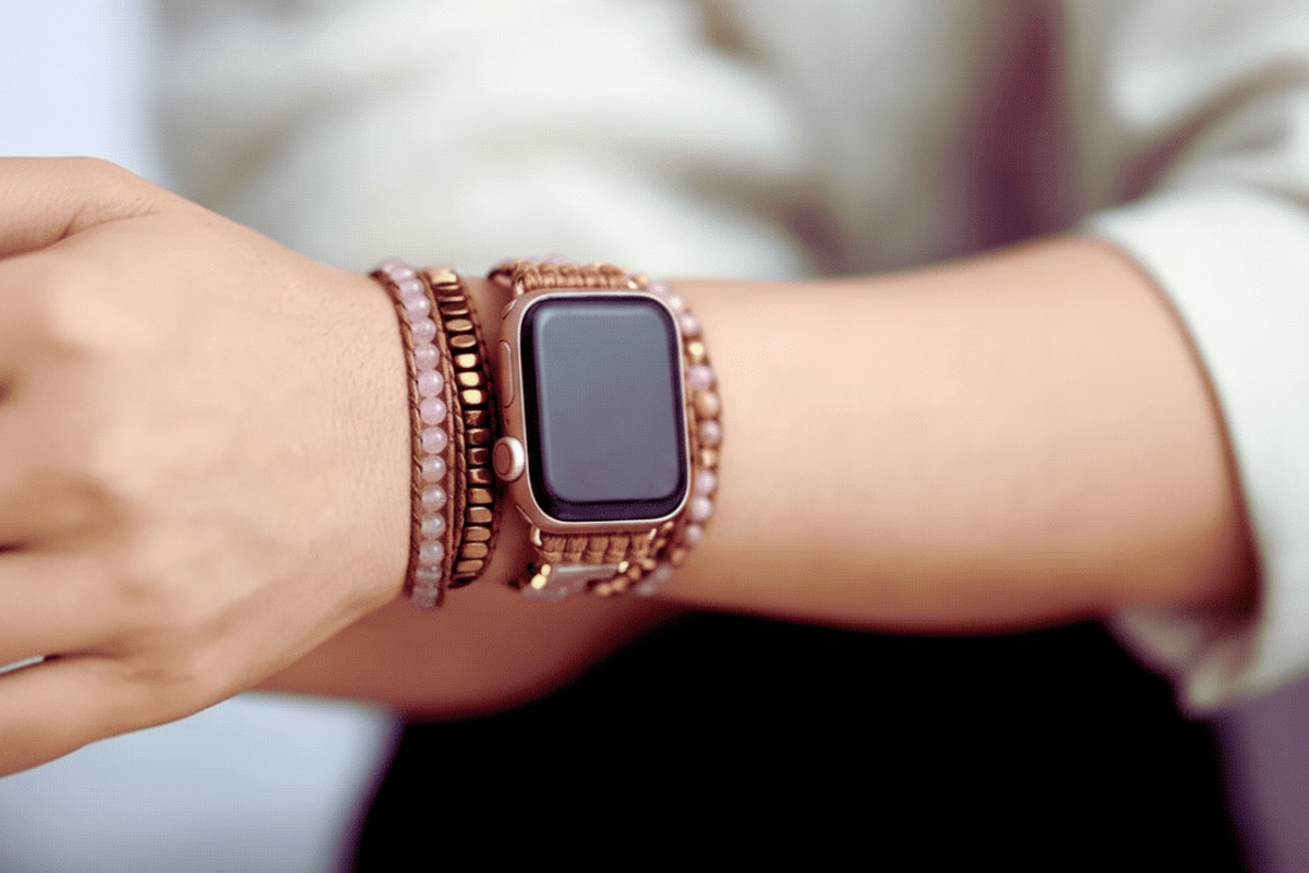 3 Wraps Apple Watch Bracelet Rhodonite, Quartz Rose & Cordon vegan