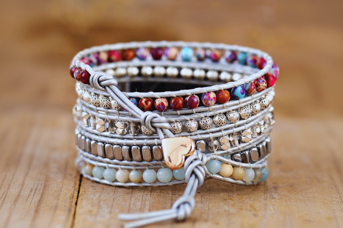 5 Wraps Apple Watch Bracelet Jaspe, Amazonite, Cristal & Cuir Gris