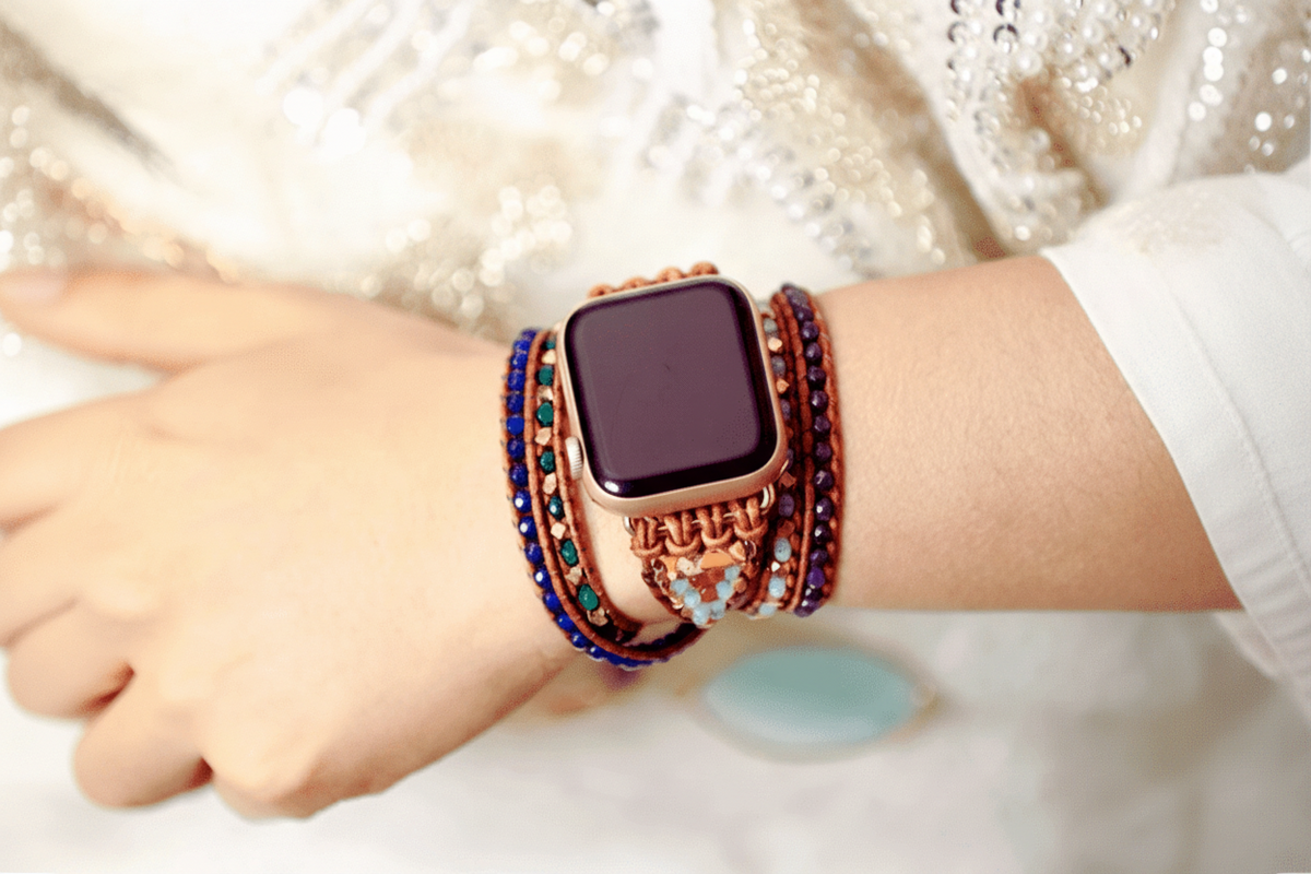 5 Wraps Apple Watch Bracelet Jade, Jaspe & Cordon Cuir