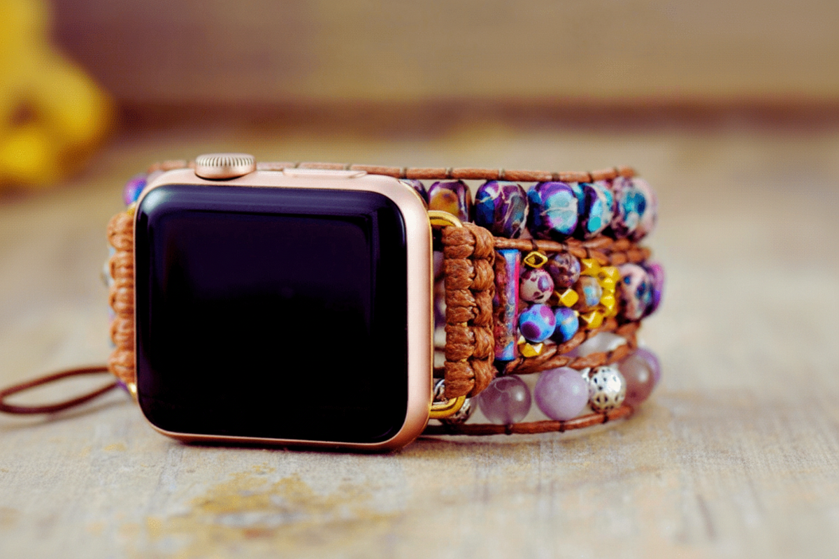 3 Wraps Apple Watch Bracelet Jaspe Violet & Cordon vegan