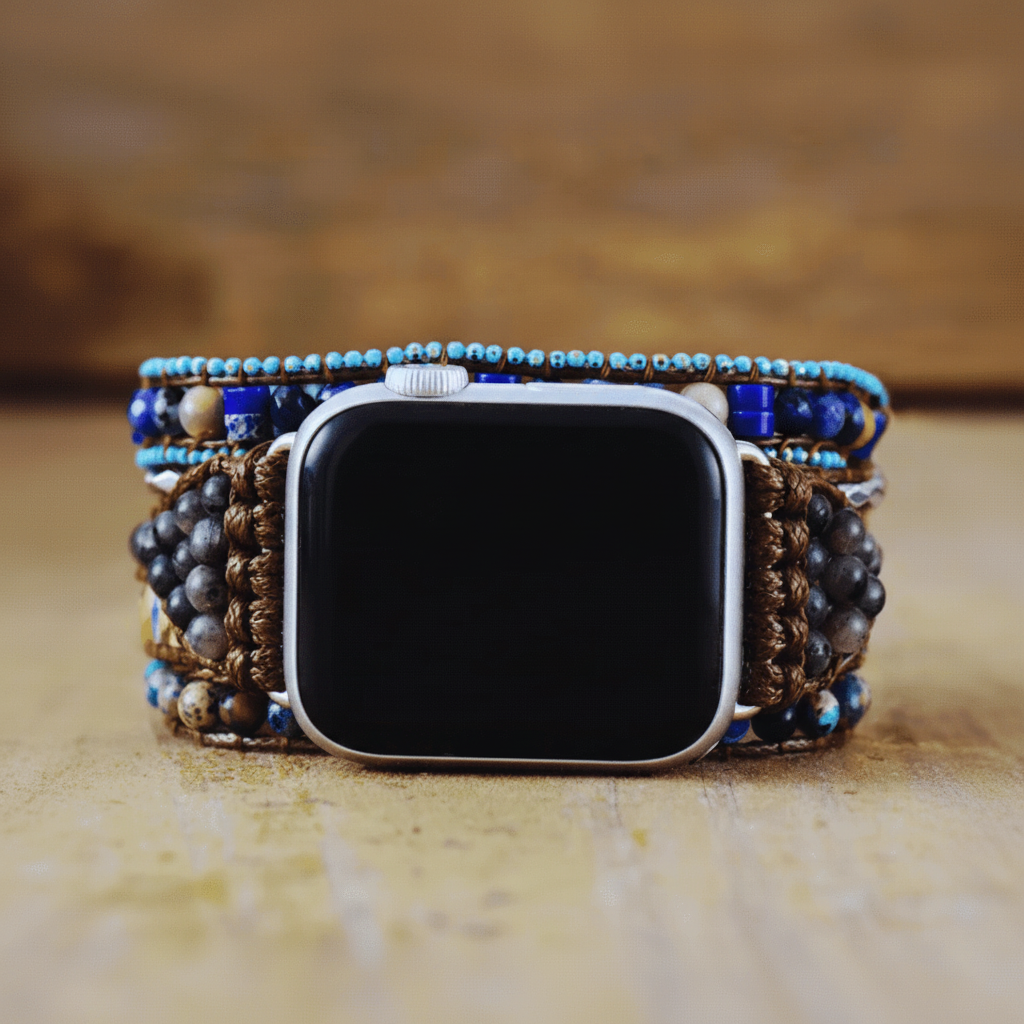 5 Wraps Apple Watch Bracelet Jaspe, Jade, Cristal de Labradorite & Cordon vegan