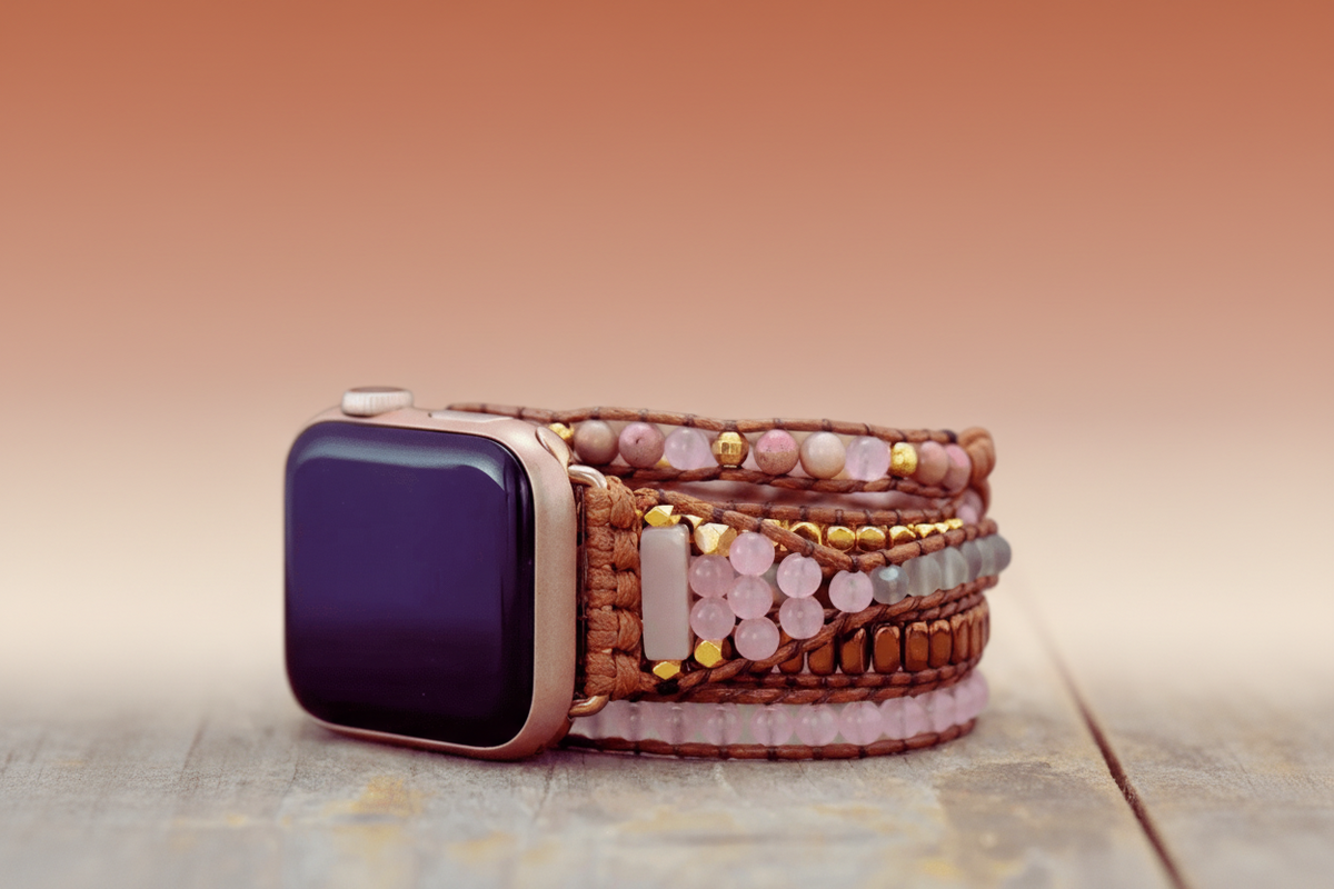 3 Wraps Apple Watch Bracelet Rhodonite, Quartz Rose & Cordon vegan