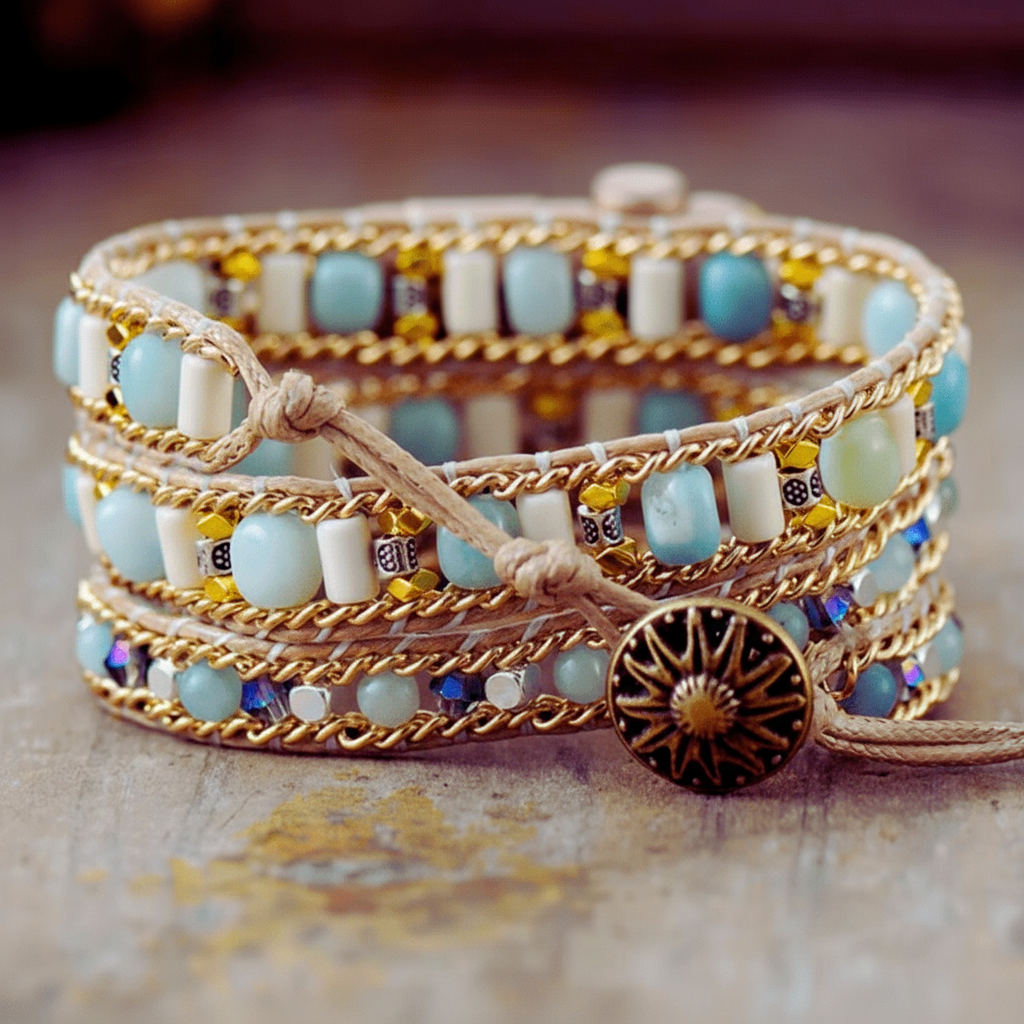 3 Wraps Apple Watch Bracelet Amazonite, cristal & Cordon vegan