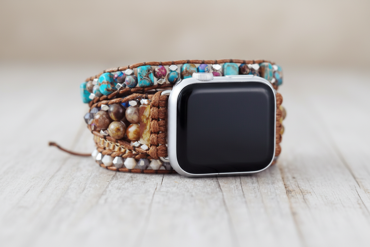 5 Wraps Apple Watch Bracelet Jaspe Bleu Mix, Cristal, Onyx & Cordon vegan
