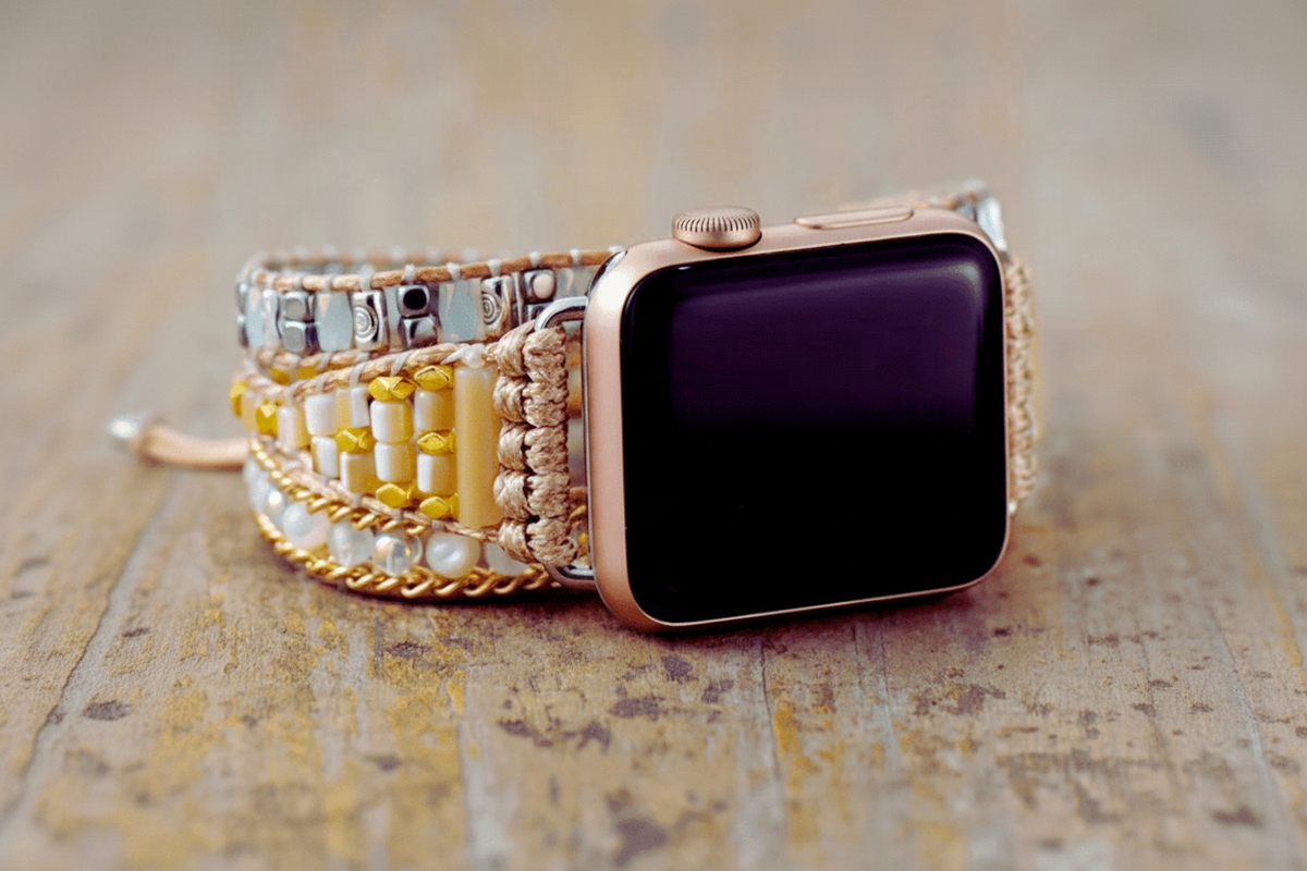 3 Wraps Apple Watch Bracelet Perles de coquillage, Cristal & Cordon vegan