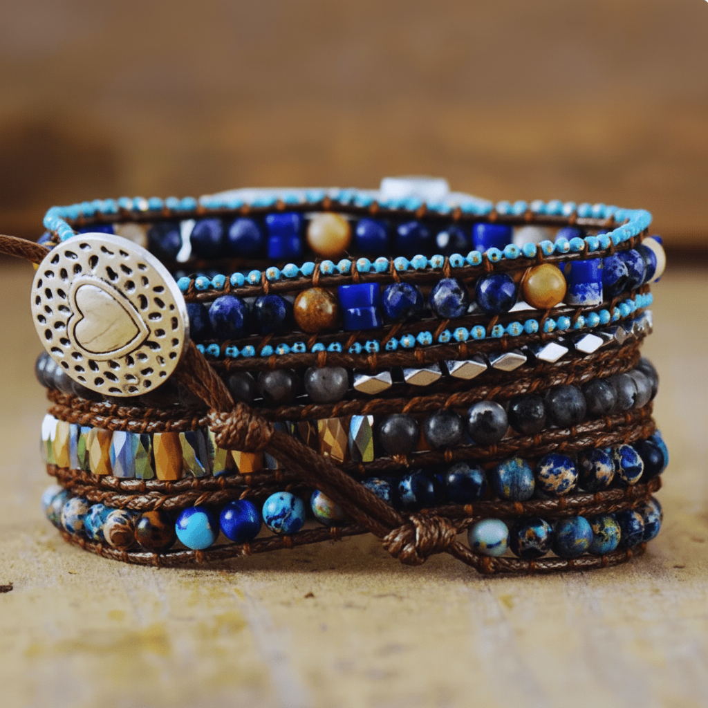 5 Wraps Apple Watch Bracelet Jaspe, Jade, Cristal de Labradorite & Cordon vegan