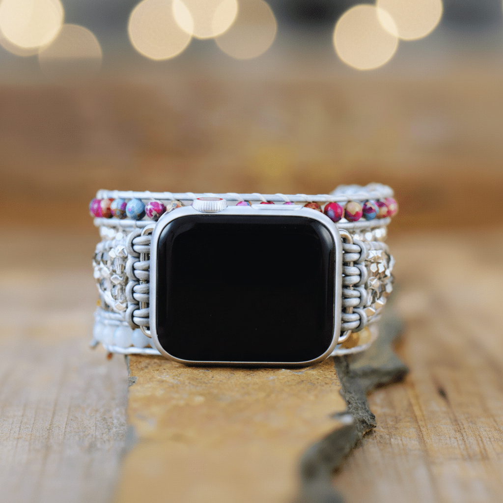 5 Wraps Apple Watch Bracelet Jaspe, Amazonite, Cristal & Cuir Gris