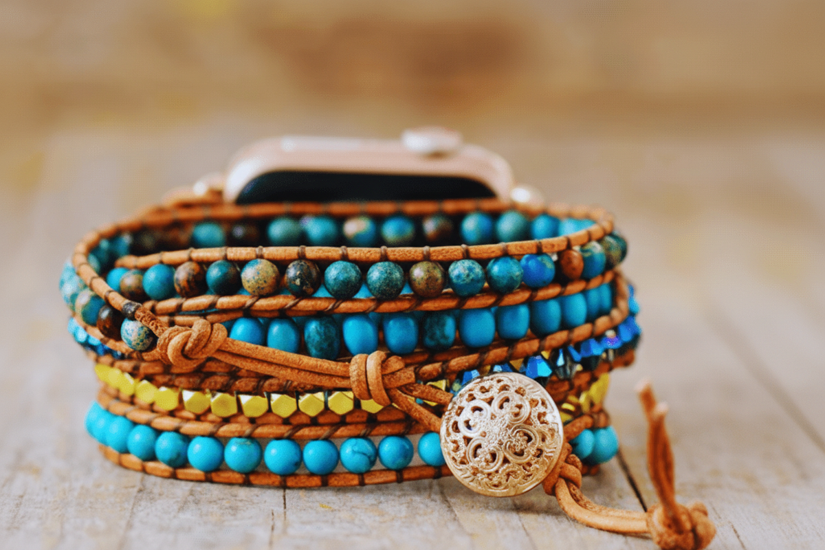 5 Wraps Apple Watch Bracelet Turquoise, jaspe, cristal & Cordon Cuir