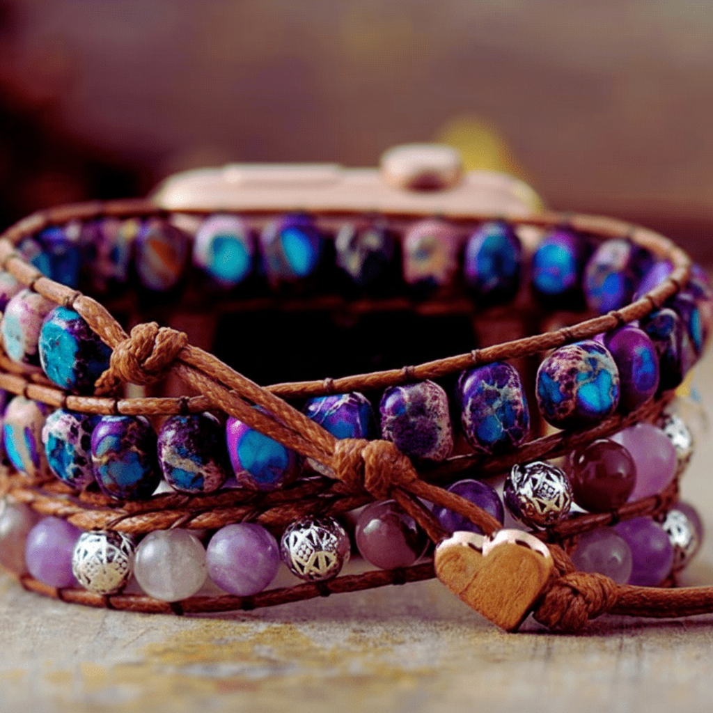3 Wraps Apple Watch Bracelet Jaspe Violet & Cordon vegan