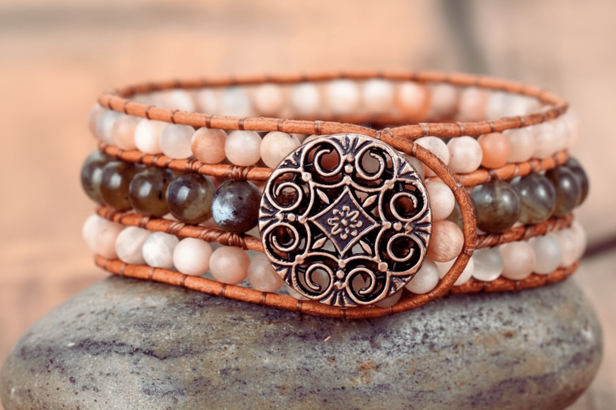 Bracelet Manchette Cuir Pierres de Soleil & Labradorite